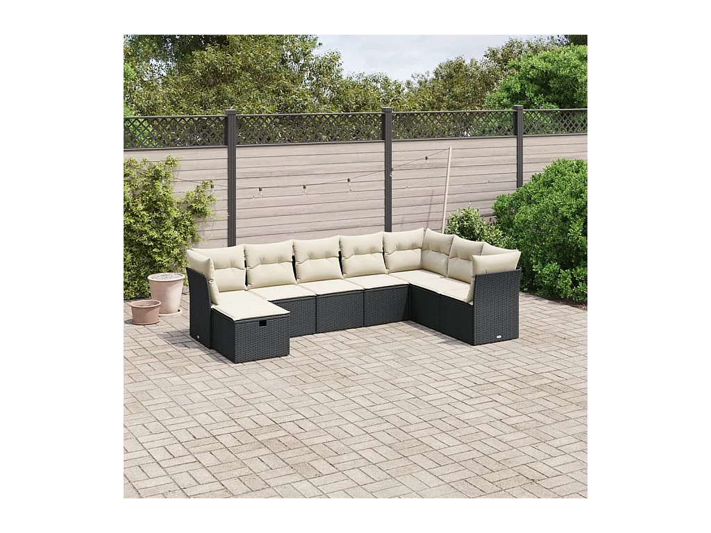 Salon de jardin 8 pcs avec coussins noir résine tressée