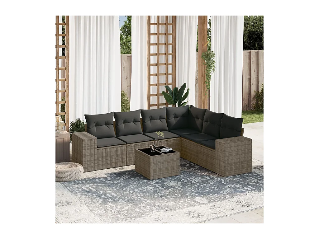 Salon de jardin avec coussins 7 pcs gris résine tressée