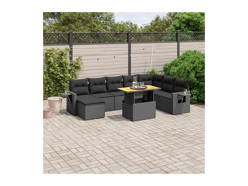 Salon de jardin 9 pcs avec coussins noir résine tressée