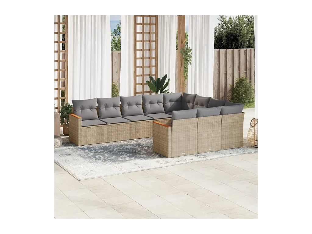 Set Divano da Giardino 10 pz con Cuscini Beige in Polyrattan