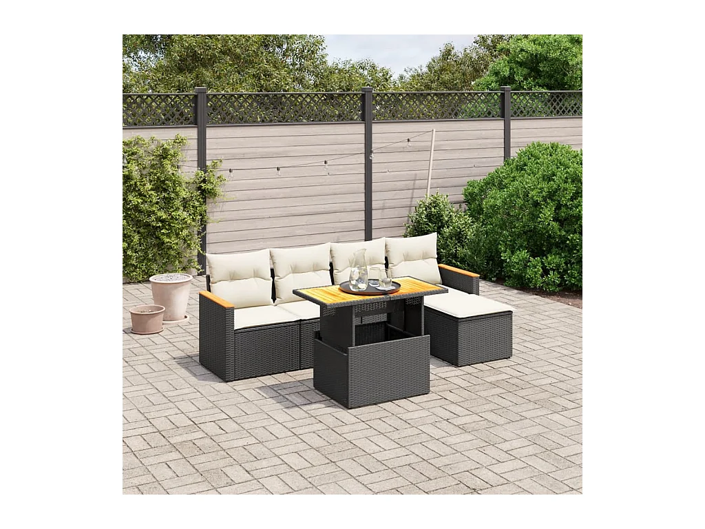 Salon de jardin 6 pcs avec coussins noir résine tressée