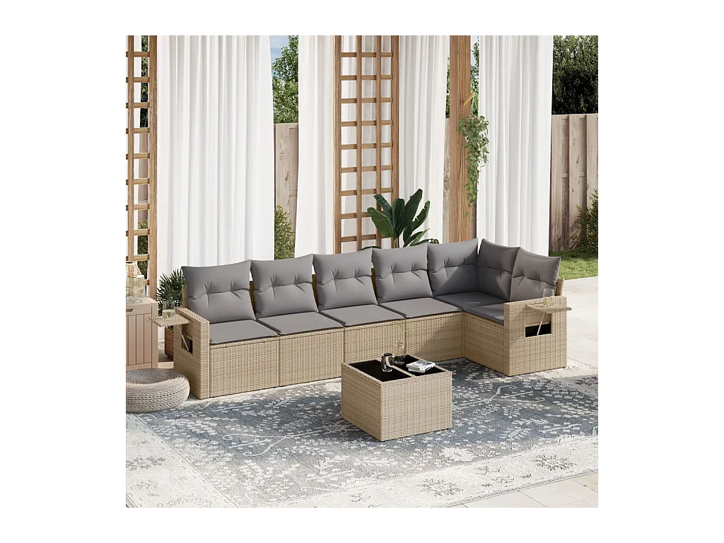 7-delige Loungeset met kussens poly rattan beige