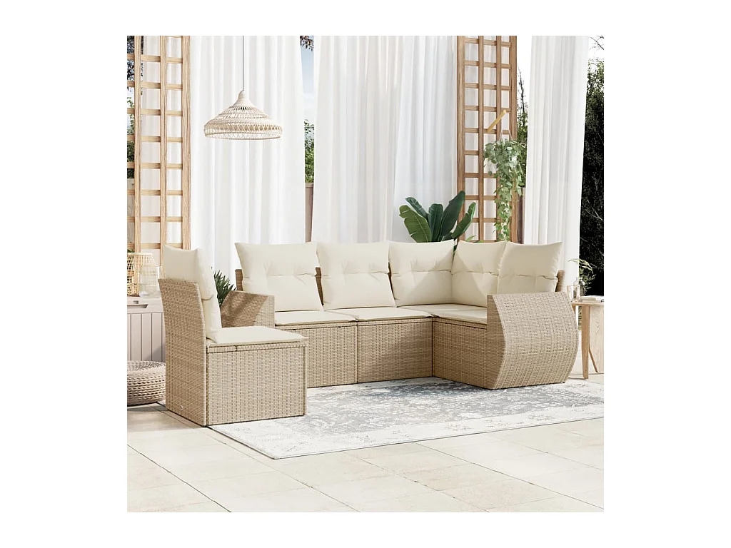 5-delige Loungeset met kussens poly rattan beige
