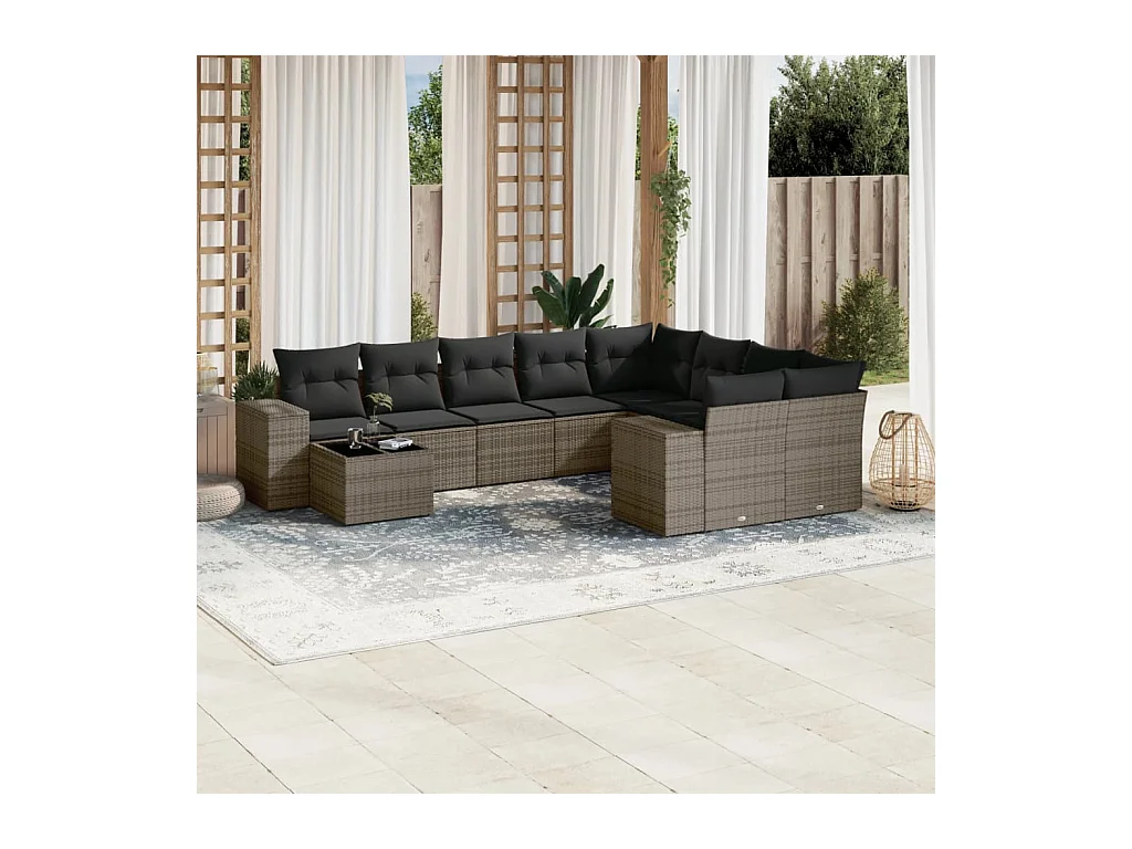 Set Divano da Giardino 10 pz con Cuscini Grigio in Polyrattan