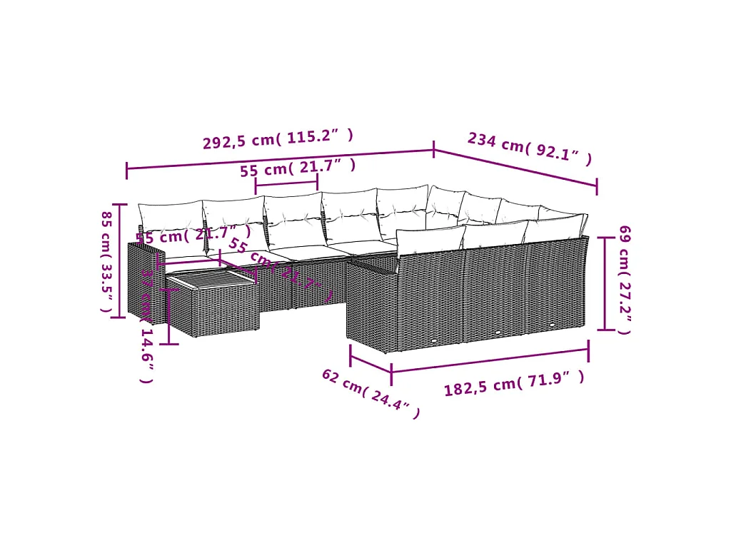 11-tlg. Garten-Sofagarnitur mit Kissen Schwarz Poly Rattan