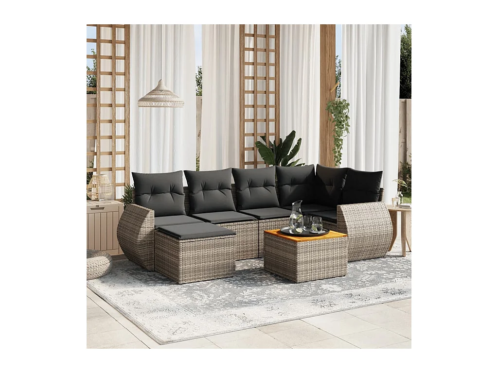 Set de sofás de jardín 7 piezas con cojines ratán PE gris