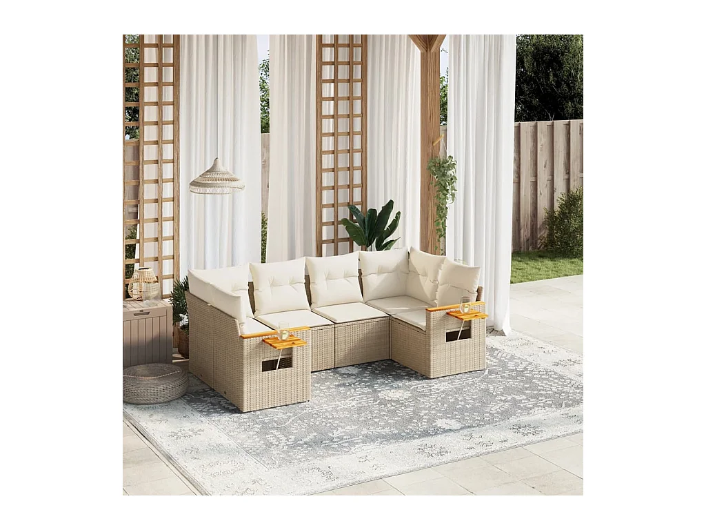 6 pcs conjunto de sofás p/ jardim com almofadões vime PE bege
