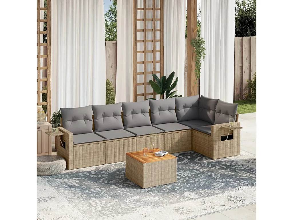 Set Divano da Giardino 7 pz con Cuscini Beige Misto Polyrattan