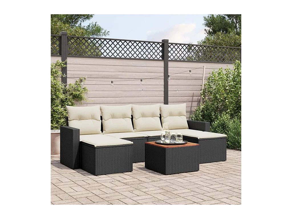 7-delige Loungeset met kussens poly rattan zwart