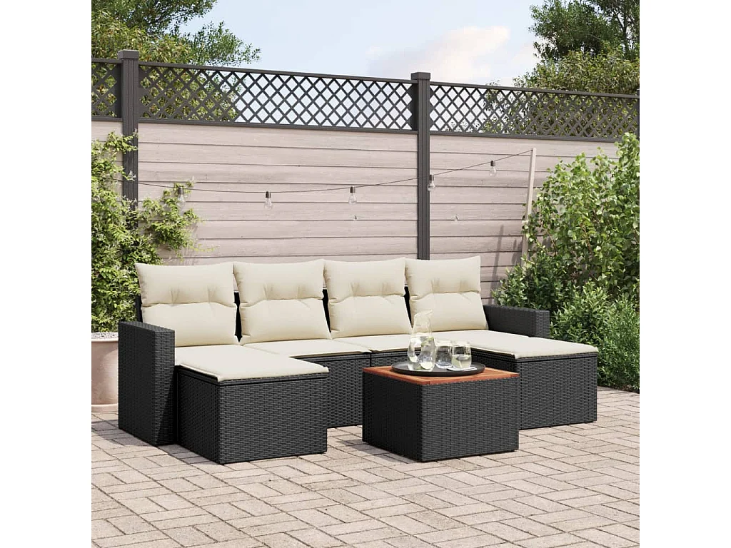 7-delige Loungeset met kussens poly rattan zwart