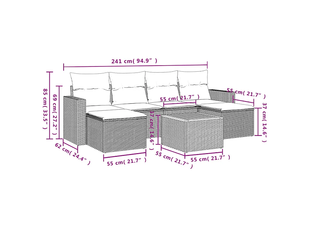 7-delige Loungeset met kussens poly rattan zwart