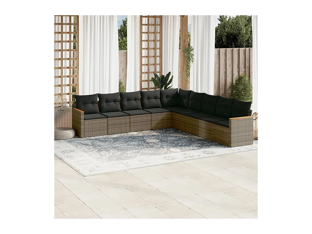 9-tlg. Garten-Sofagarnitur mit Kissen Grau Poly Rattan