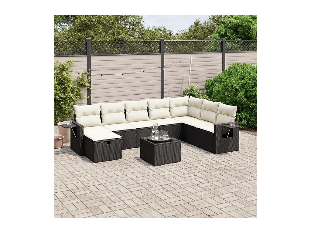 9-tlg. Garten-Sofagarnitur mit Kissen Schwarz Poly Rattan