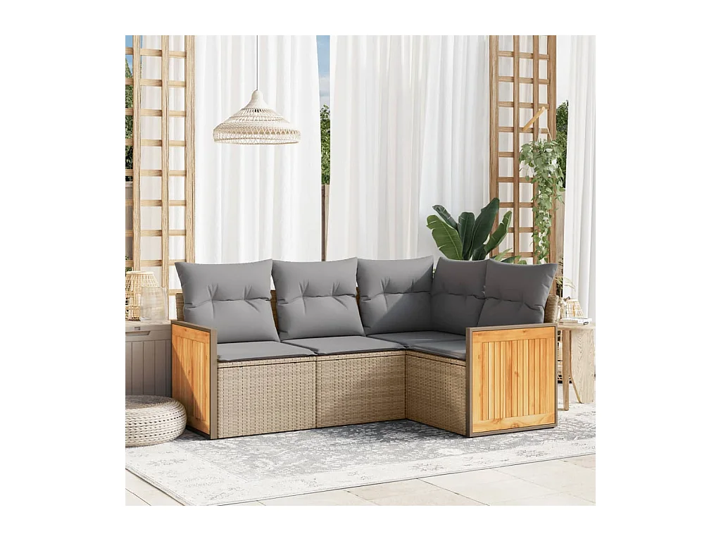 Set Divano da Giardino 4 pz con Cuscini Beige in Polyrattan