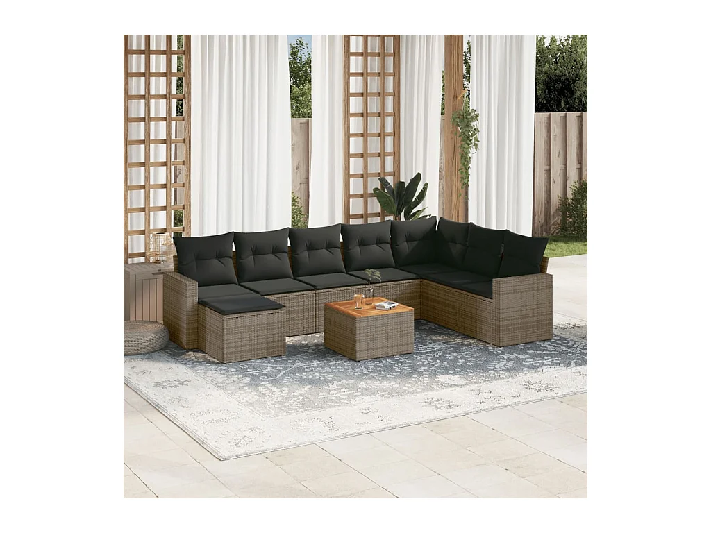 Salon de jardin 9 pcs avec coussins gris résine tressée