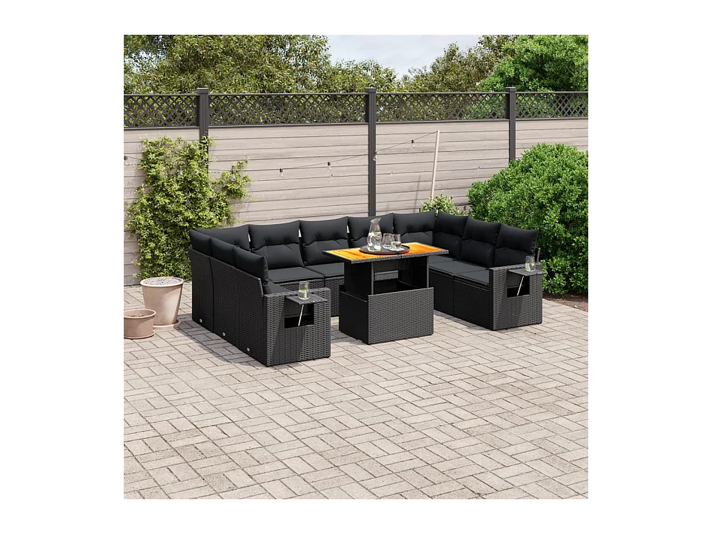 Salon de jardin 10 pcs avec coussins noir résine tressée
