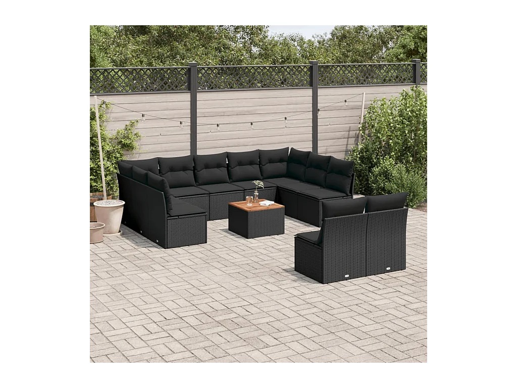 Salon de jardin 12 pcs avec coussins noir résine tressée