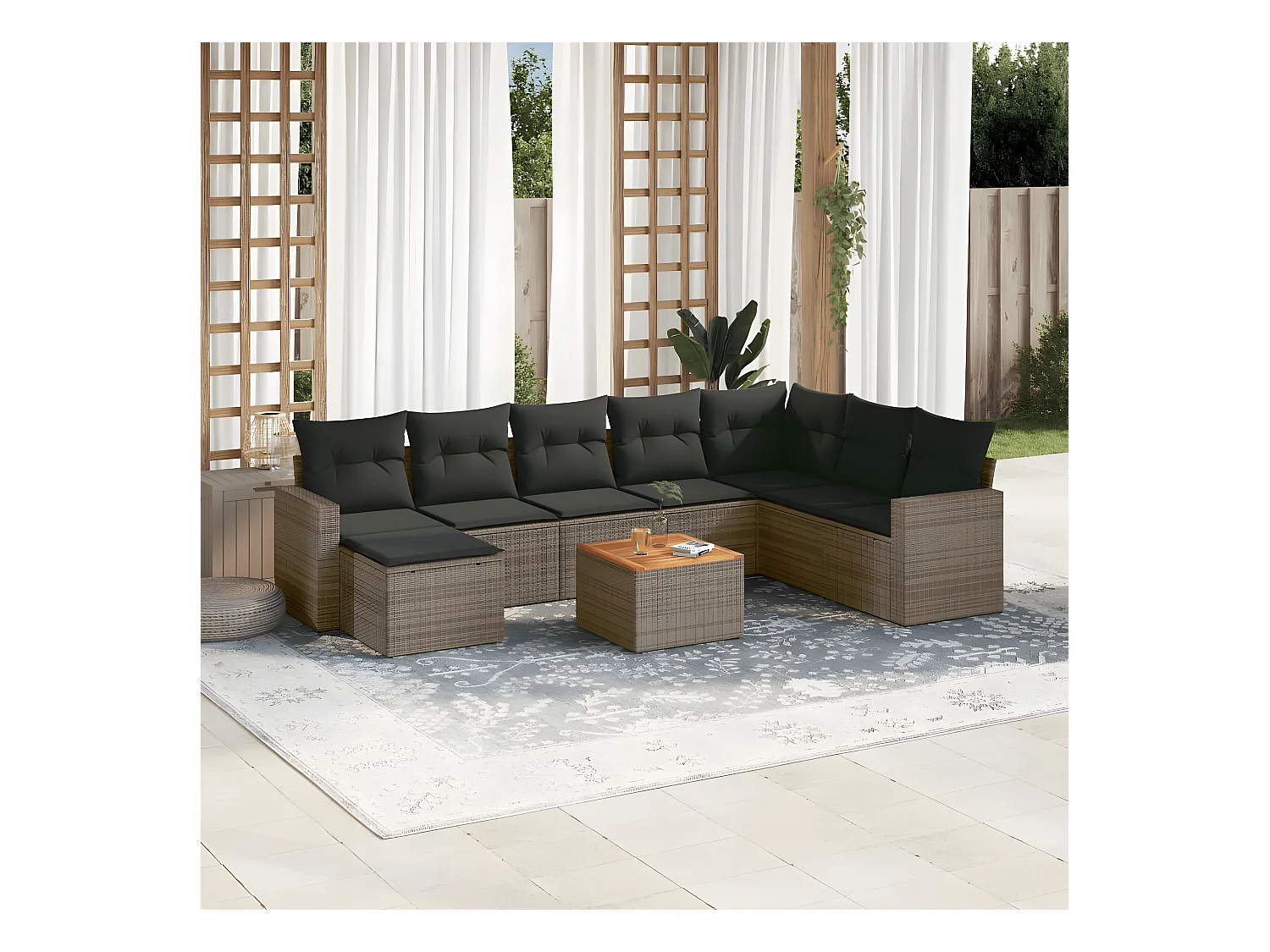 9-delige Loungeset met kussens poly rattan grijs