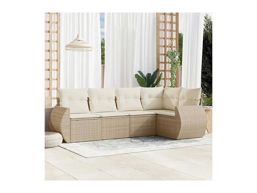 5-delige Loungeset met kussens poly rattan beige
