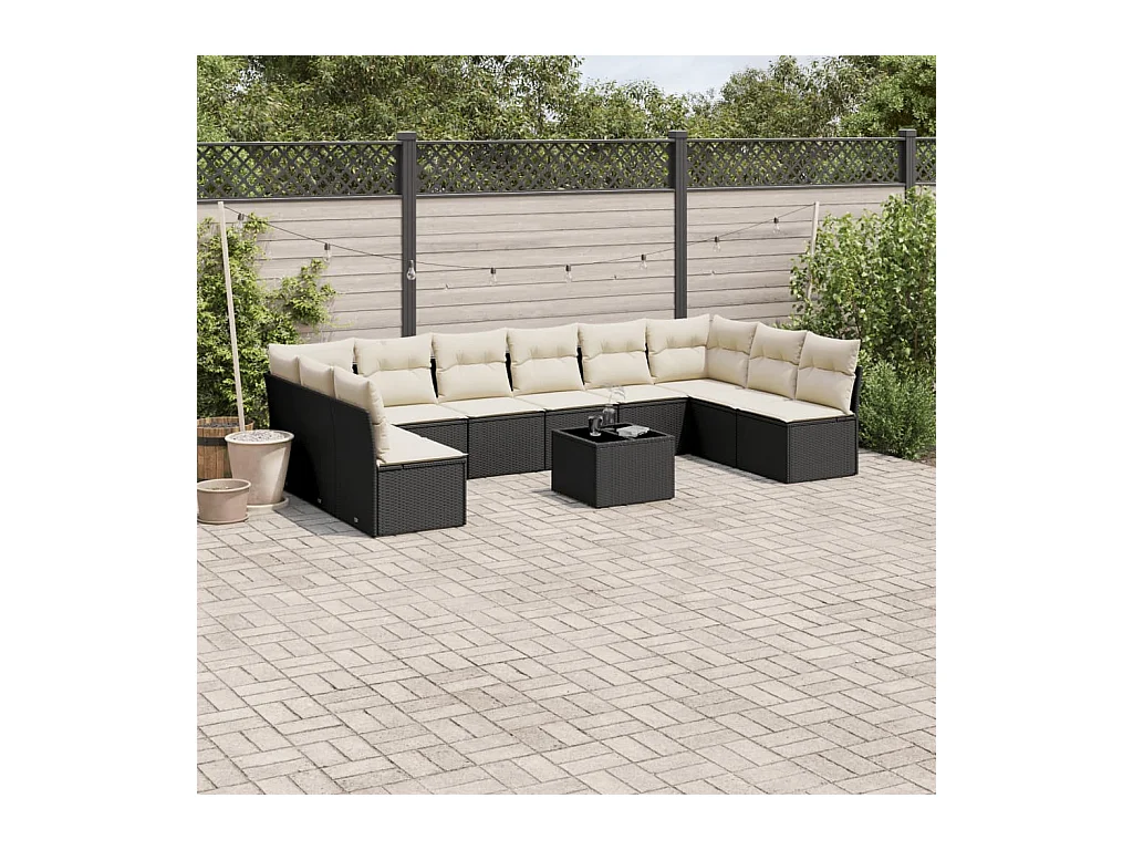 11-delige Loungeset met kussens poly rattan zwart