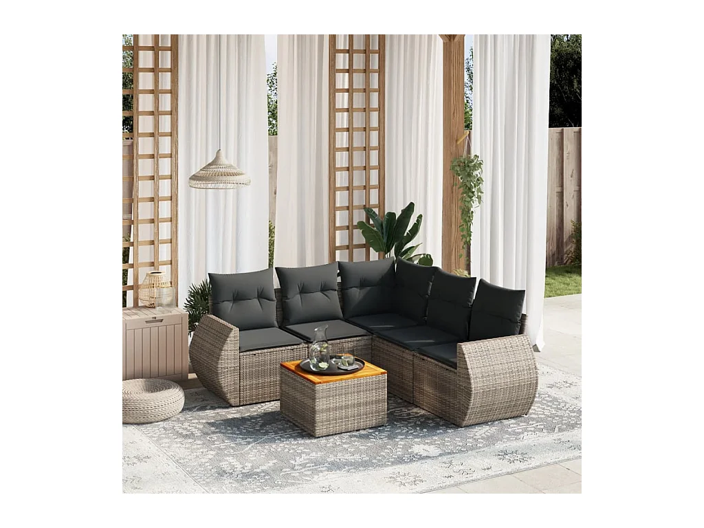 Salon de jardin 6 pcs avec coussins gris résine tressée