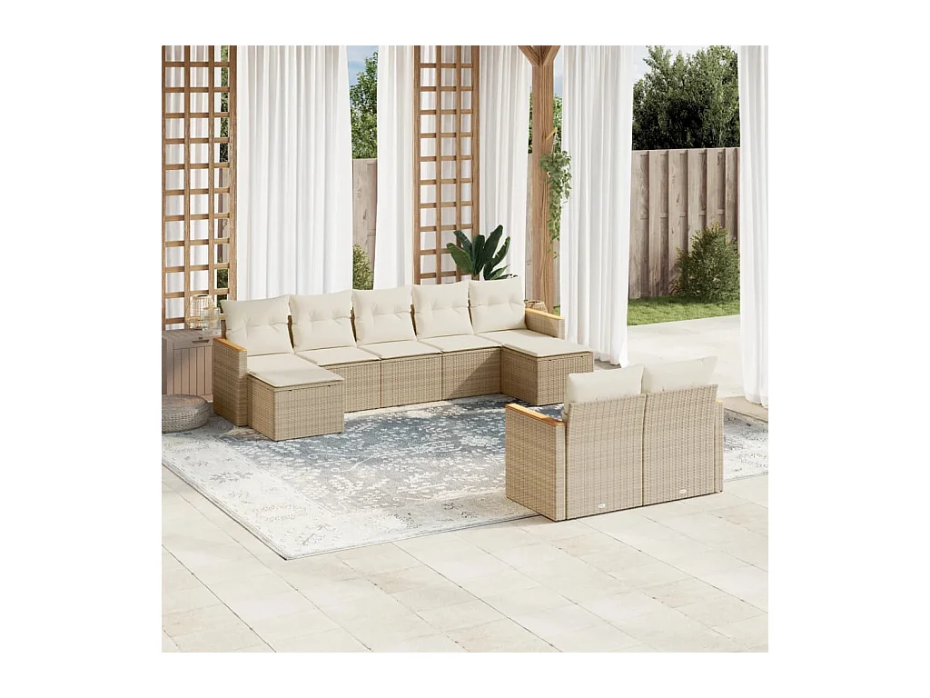 Salon de jardin avec coussins 9 pcs beige résine tressée
