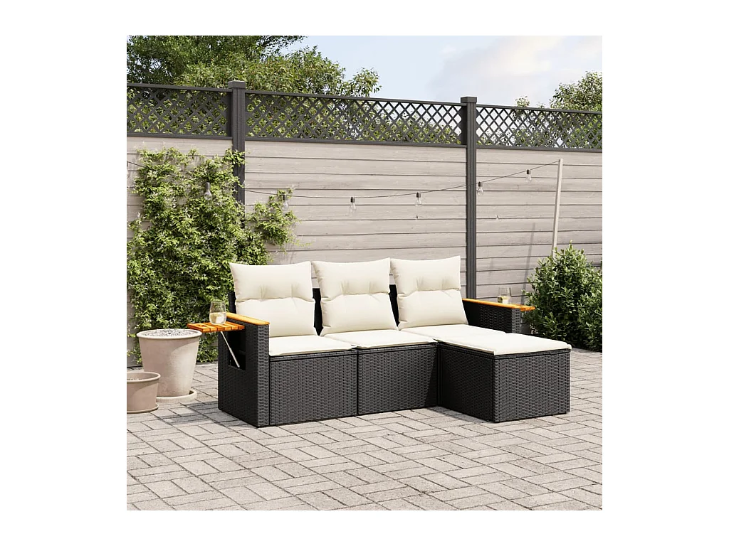 Salon de jardin 4 pcs avec coussins noir résine tressée