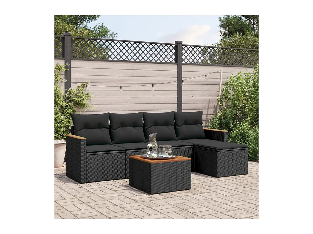 Salon de jardin 6 pcs avec coussins noir résine tressée