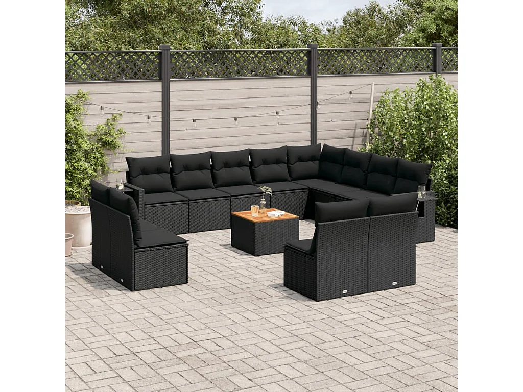 Set Divani da Giardino 13pz con Cuscini Nero in Polyrattan
