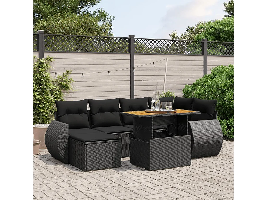 Set Divani da Giardino con Cuscini 7pz Nero Polyrattan