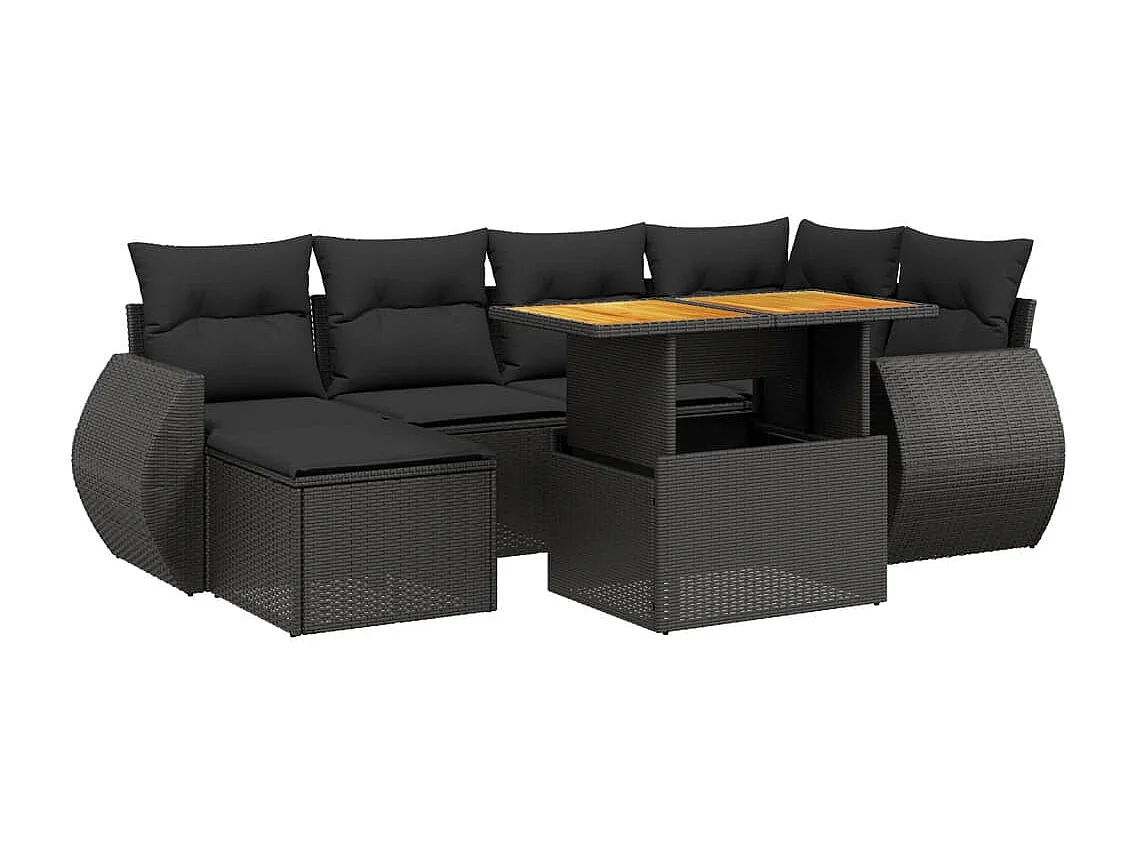 Set Divani da Giardino con Cuscini 7pz Nero Polyrattan