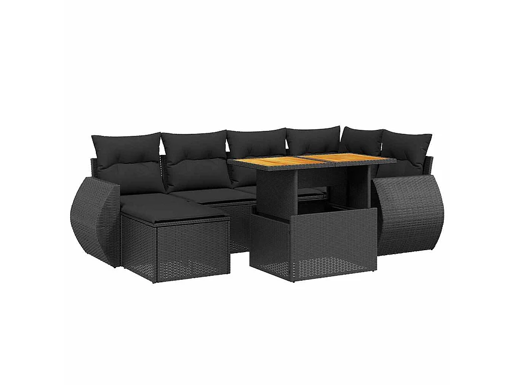 7 pcs conjunto de sofás p/ jardim c/ almofadões vime PE preto