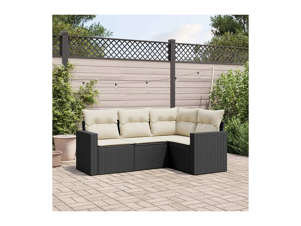 Salon de jardin 4 pcs avec coussins noir résine tressée