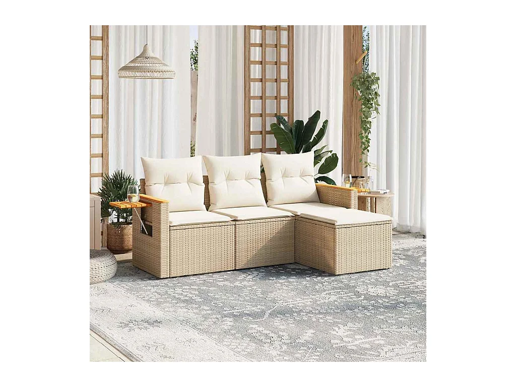 Set Divano da Giardino 4 pz con Cuscini Beige in Polyrattan