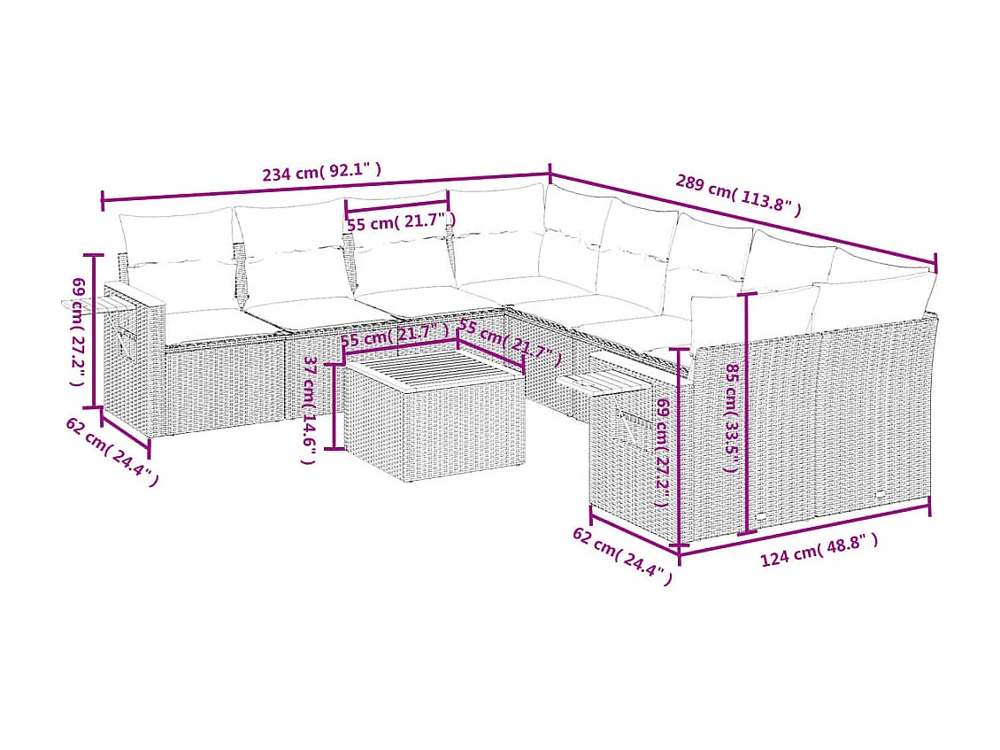Set Divani da Giardino 9 pz con Cuscini Nero in Polyrattan