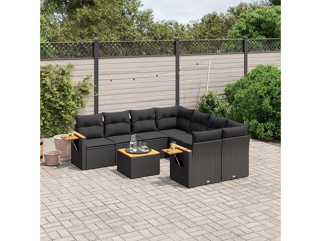 9-tlg. Garten-Sofagarnitur mit Kissen Schwarz Poly Rattan
