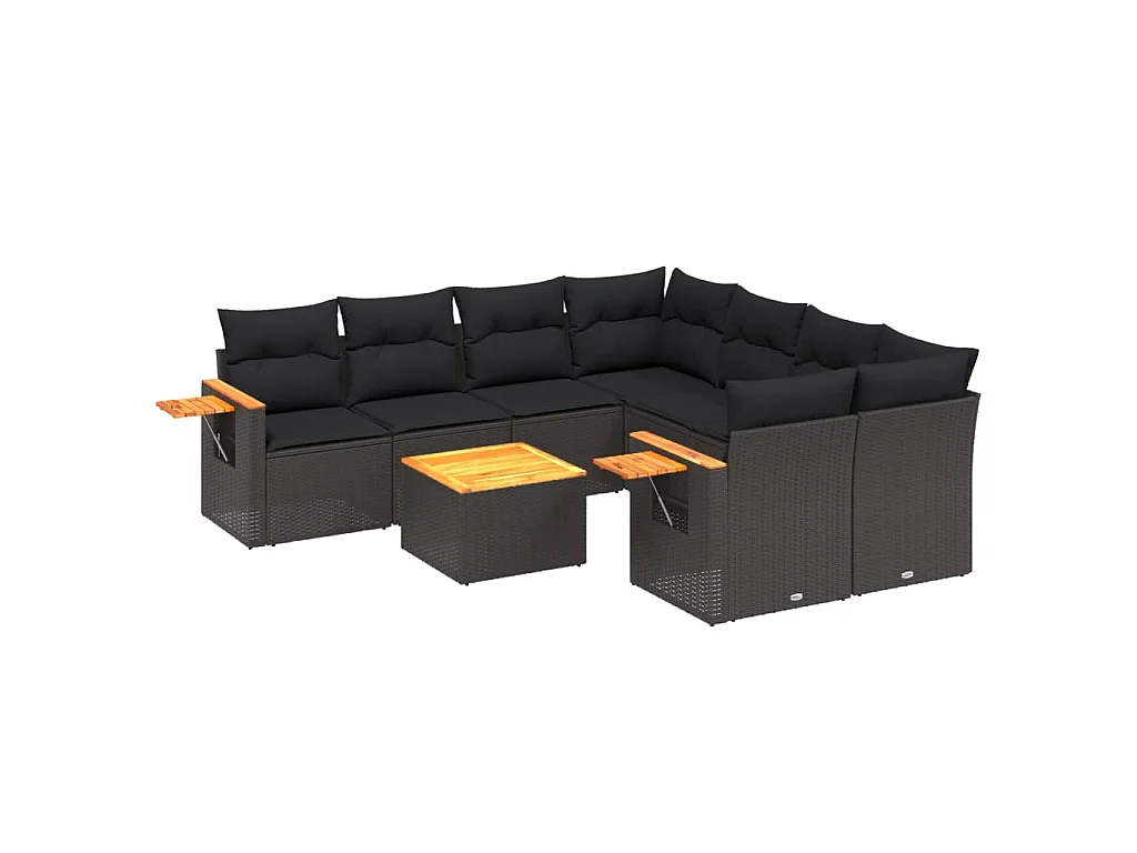 9-delige Loungeset met kussens poly rattan zwart