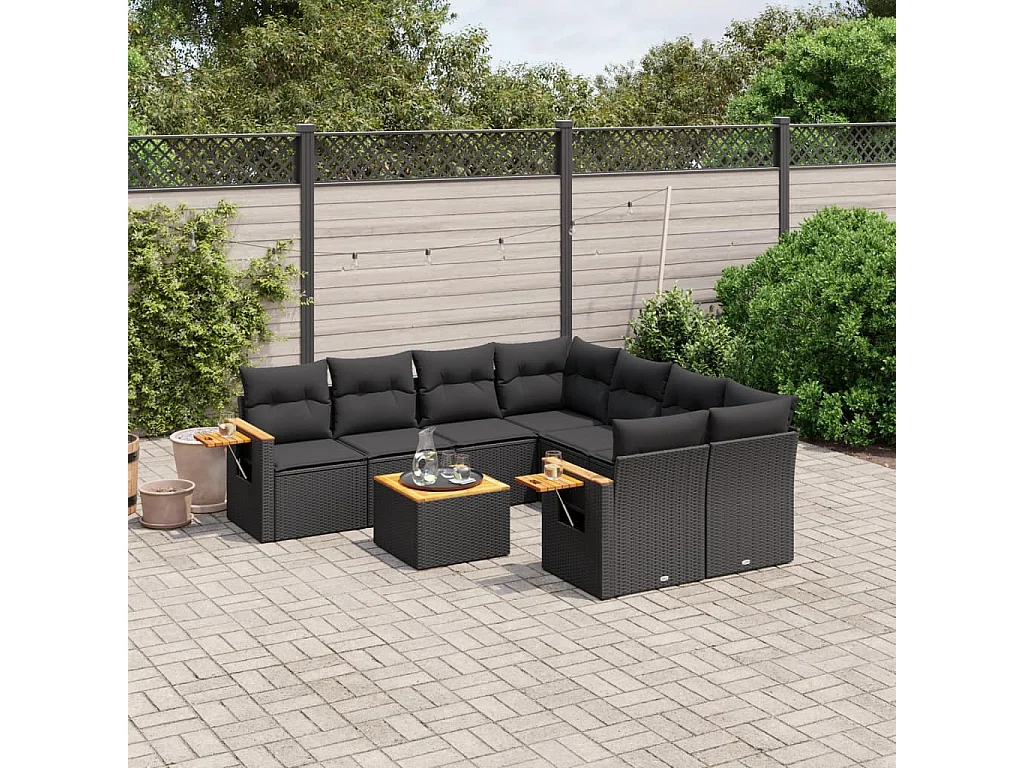 9-delige Loungeset met kussens poly rattan zwart