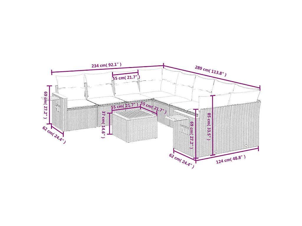 9-delige Loungeset met kussens poly rattan zwart