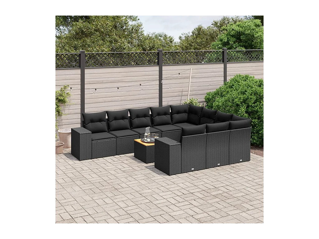 Salon de jardin 11 pcs avec coussins noir résine tressée