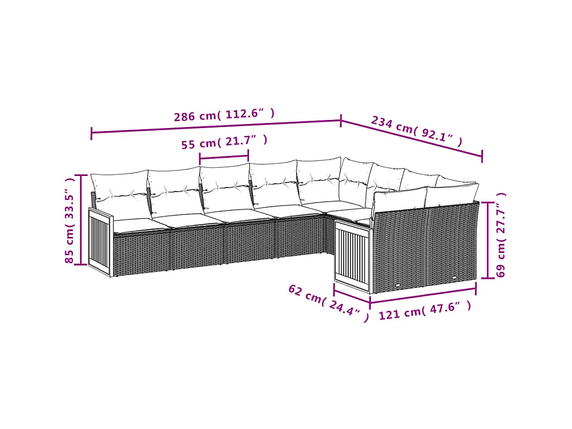 9 pcs conjunto de sofás p/ jardim com almofadões vime PE bege