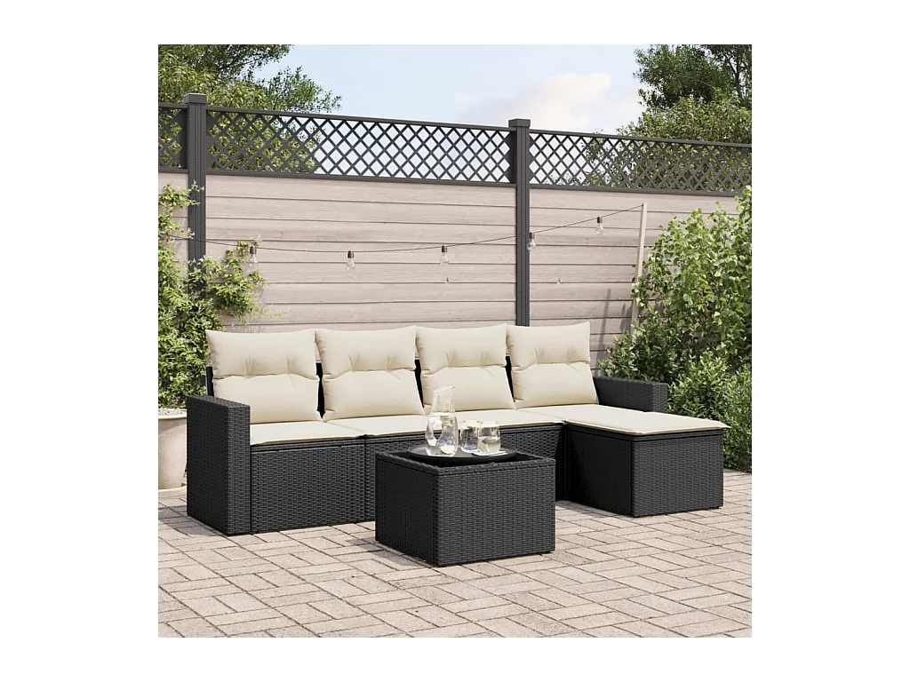 6-delige Loungeset met kussens poly rattan zwart