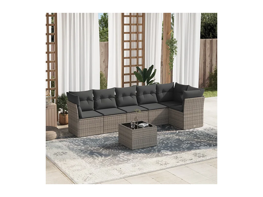 Salon de jardin avec coussins 7 pcs gris résine tressée
