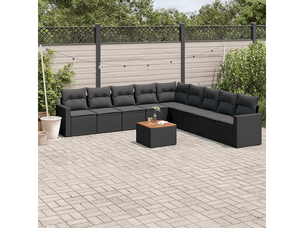 10 pcs conjunto sofás de jardim c/ almofadões vime PE preto