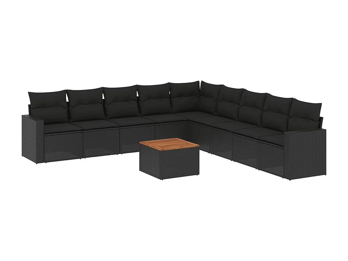 10 pcs conjunto sofás de jardim c/ almofadões vime PE preto
