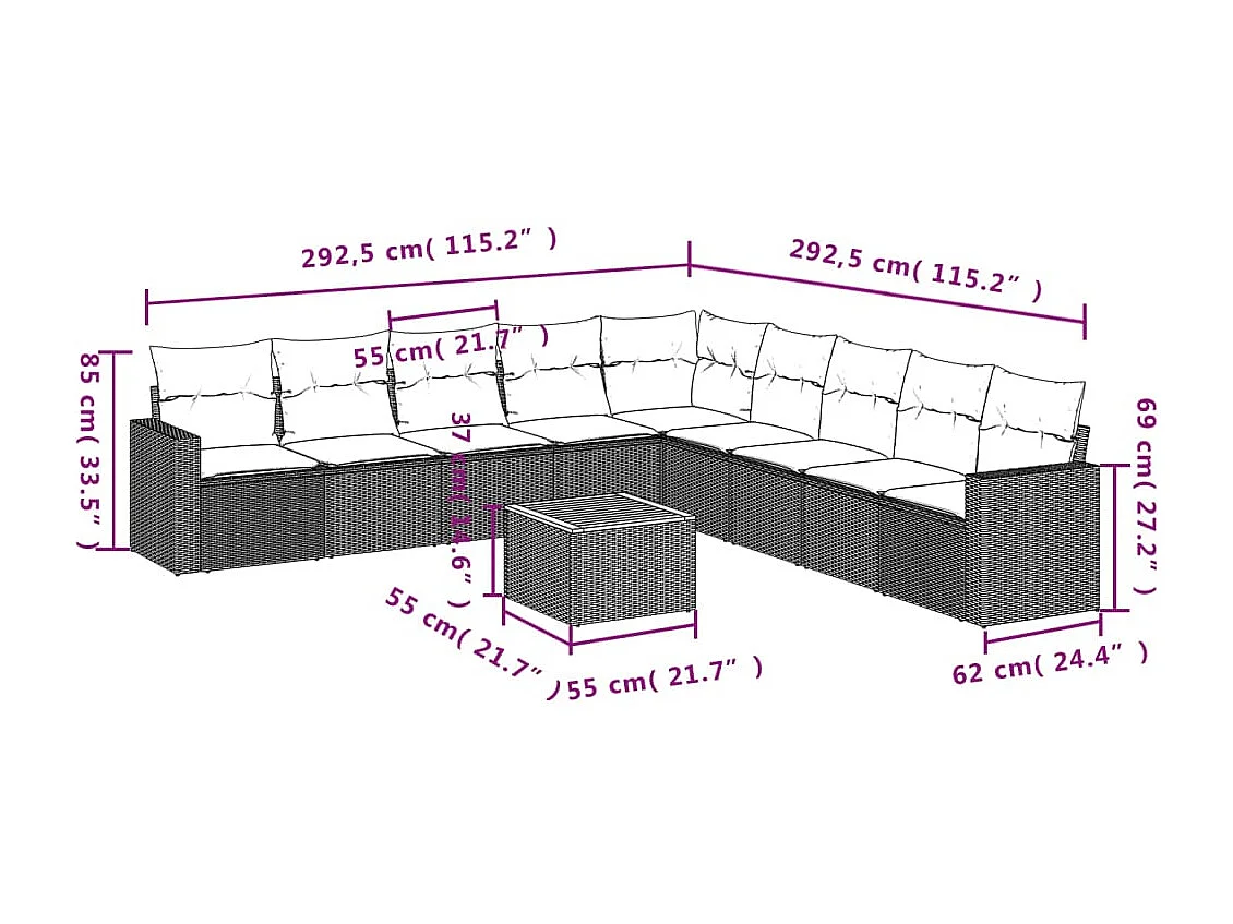 10 pcs conjunto sofás de jardim c/ almofadões vime PE preto