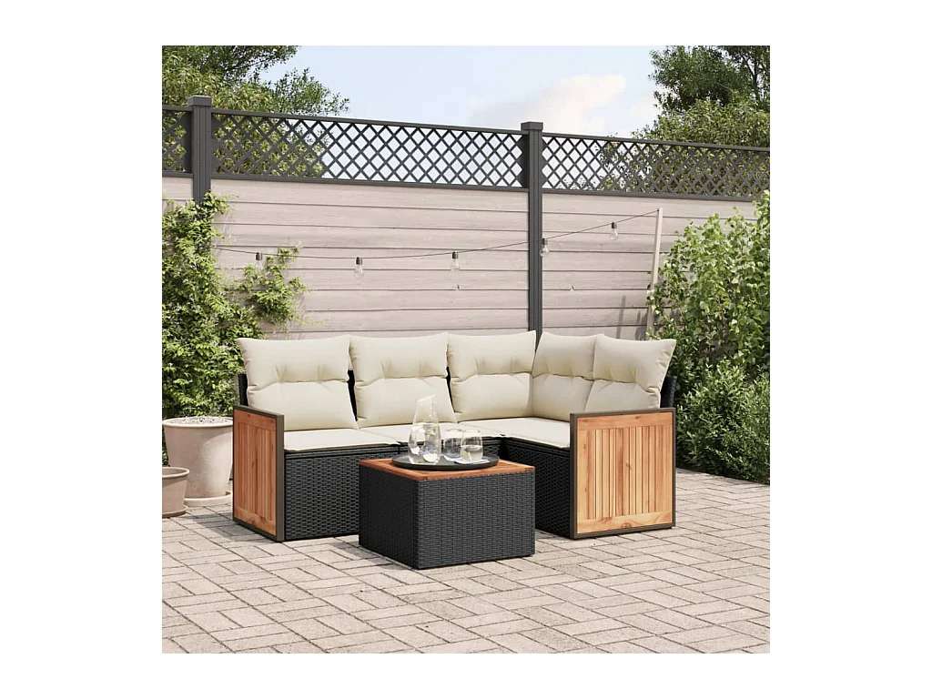 5-tlg. Garten-Sofagarnitur mit Kissen Schwarz Poly Rattan