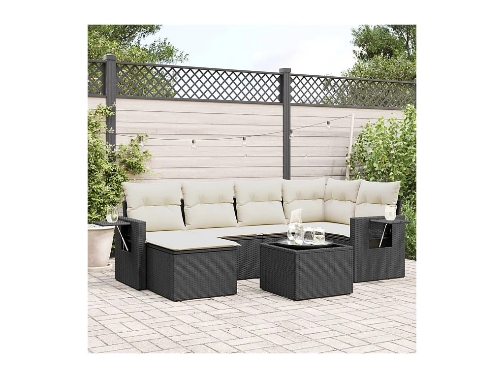 7-delige Loungeset met kussens poly rattan zwart