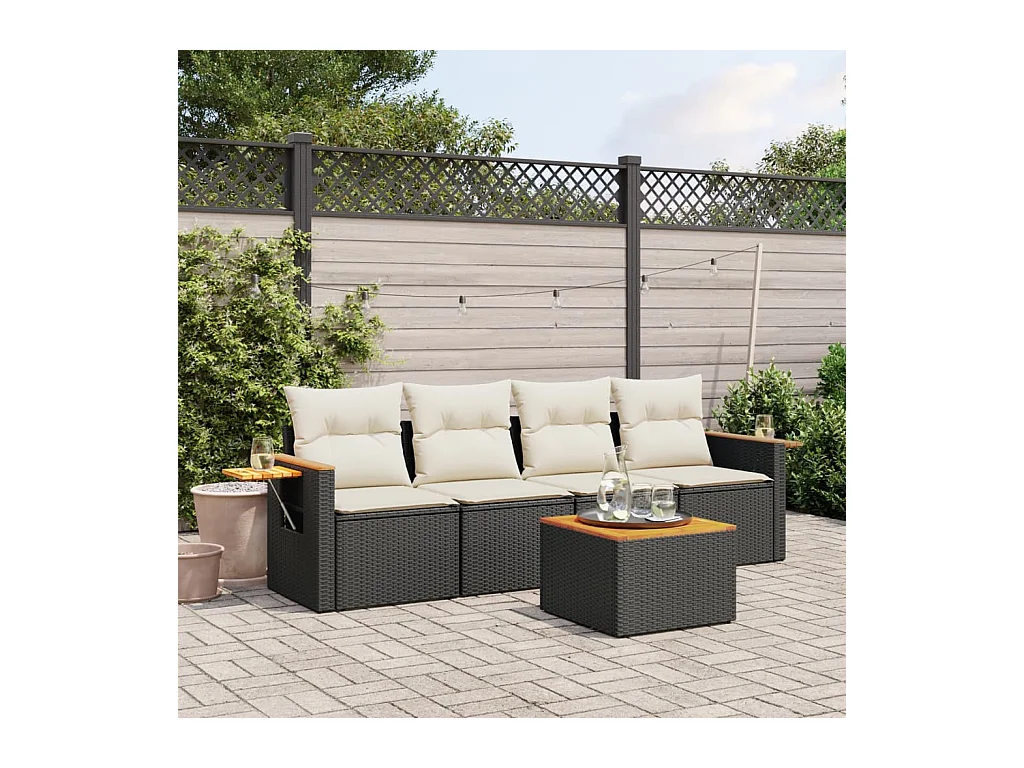 Salon de jardin 5 pcs avec coussins noir résine tressée