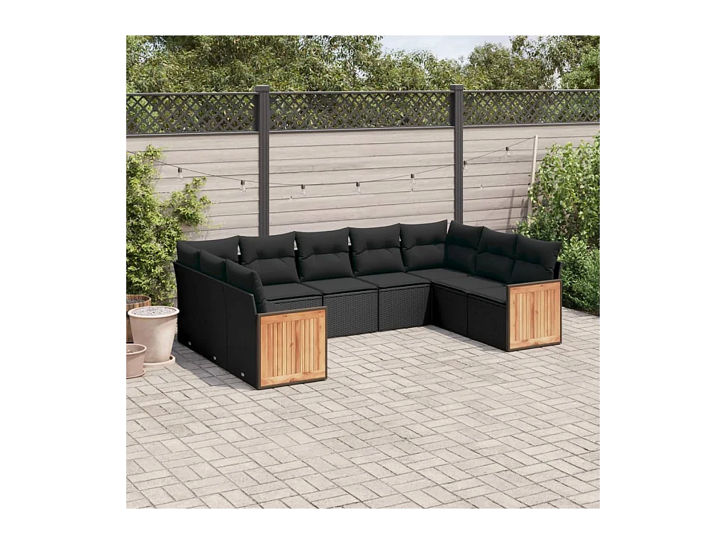 9-delige Loungeset met kussens poly rattan zwart